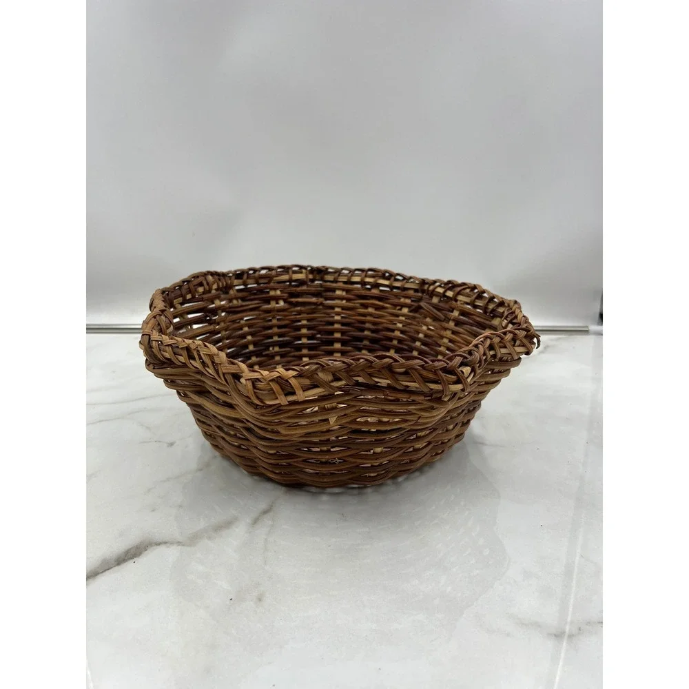 Vintage Scalloped Wicker Basket Handwoven Two Tone Brown Round Decorative Bowl